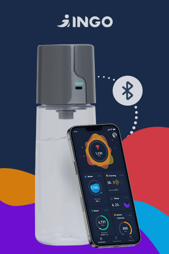 the image shows the INGO bottle and the INGO app connected through Bluetooth